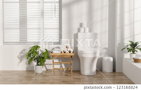 Bright bathroom setting with elegant toilet and natural decor, 3D render illustration. 123168824