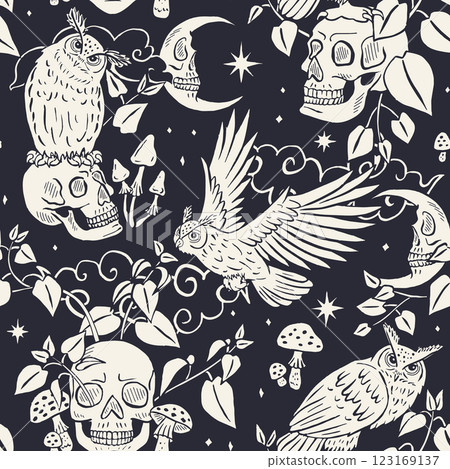 Seamless pattern with hand drawn black and white inky eagle owls sitting on human skulls. Celestial Skeleton heads with predator birds Seamless pattern with hand drawn black and white inky eagle owls sitting on human skulls. Celestial Skeleton heads with predator birds 123169137