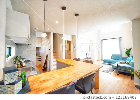 Void living room and stylish kitchen 123169402