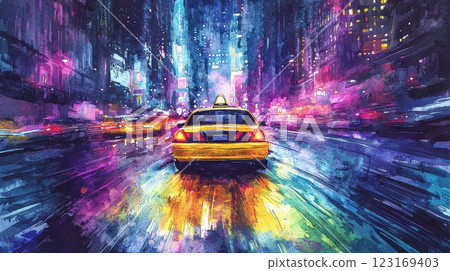 Watercolor Illustration of Modern Taxi Car Speeding Through Vibrant City Lights at Night. Concept of Urban Transportation, Nightlife Adventure, Cityscape Exploration, Dynamic Movement 123169403