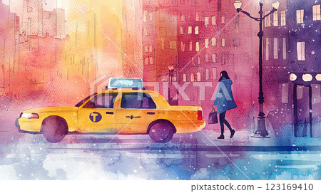 Watercolor Illustration of Woman Walking Near Yellow Taxi Car in Vibrant Urban Evening Scene with Streetlights and Buildings Watercolor Illustration of Woman Walking Near Yellow Taxi Car in Vibrant Urban Evening Scene with Streetlights and Buildings 123169410