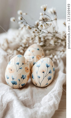 Beautifully decorated eggs with floral patterns on soft fabric. concept of artistic easter decorations, handcrafted designs, festive creativity, spring celebrations. Vertical 123169449