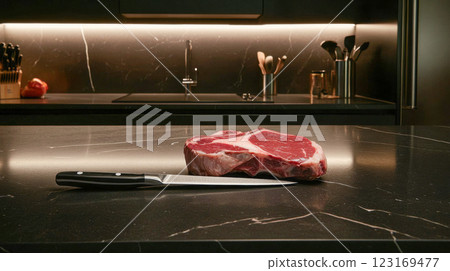 Raw beef steak meat with sharp chef's knife on marble kitchen countertop. concept of culinary preparation, cooking essentials, gourmet cuisine, professional kitchen Raw beef steak meat with sharp chef's knife on marble kitchen countertop. concept of culinary preparation, cooking essentials, gourmet cuisine, professional kitchen 123169477