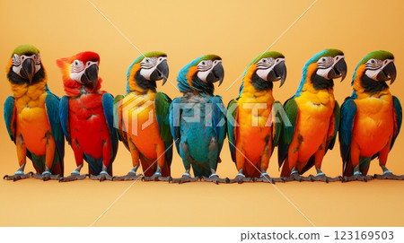 Colorful Parrots Standing in a Row with Vibrant Feathers on a Bright Background. Concept of Tropical Wildlife, Exotic Birds, Vibrant Nature, Avian Diversity 123169503