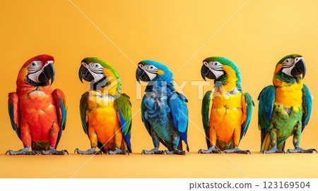 Colorful Parrots, A Row of Bright Parrots Showcasing Vibrant Plumage on Yellow Background. Concept of Exotic Birds, Tropical Colors, Avian Beauty, Ornithology. 123169504