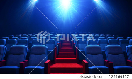Empty Rows of Modern Theater Seats in Soft Natural Light with Spotlight Shining Down the Aisle 123169527