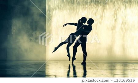 Graceful Male and Female Ballet Duo Performing Elegant Pas de Deux in Dramatic Lighting. Concept of Dance Artistry, Ballet Performance, Artistic Expression, Partner Coordination 123169539
