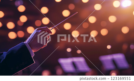 Conductor's hand with baton raised commanding orchestra on stage. concept of musical leadership, classical performance, art of conducting. Copy space 123169551