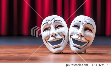 Classic Theater Comedy Masks on Wooden Stage with Red Curtain Background. Concept of Performing Arts, Drama, Entertainment, Acting, Theatrical Performance, Comedy Symbol, Cultural Heritage. Copy space 123169596