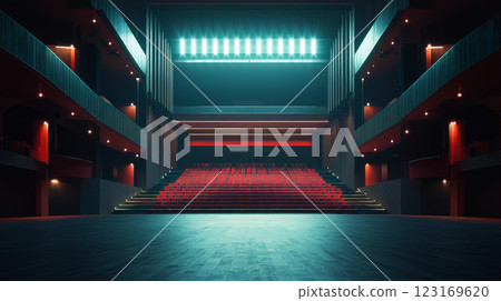 Bright and Airy Modern Theater Interior with a Clear View of the Stage and Rows of Red Seats in a Spacious Auditorium 123169620