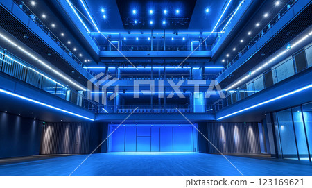 Bright and Airy Modern Theater Interior with Clear Blue Lighting and Architectural Design 123169621