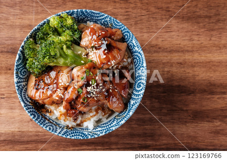 Teriyaki Chicken Served with Rice and Broccoli. Teriyaki Chicken Served with Rice and Broccoli. 123169766