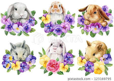 Spring Soft Bunny with Purple Flowers set. Adorable watercolor rabbit illustration isolated, cute Easter animal clipart Spring Soft Bunny with Purple Flowers set. Adorable watercolor rabbit illustration isolated, cute Easter animal clipart 123169795