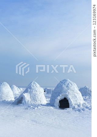 Igloo holiday. Eskimo dwelling made of ice and snow. Lots of igloo built, Vertical photo 123169974