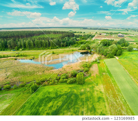View of the countryside from above. View of cultivated fields, brook, and green forest in summer View of the countryside from above. View of cultivated fields, brook, and green forest in summer 123169985
