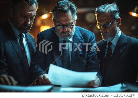 Three businessmen in suits huddle together, scrutinizing a document, engage in a corrupt scheme, manipulating financial records to siphon funds for personal gain 123170124