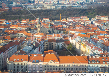 View of the old and new part of the city from Zizkov Television Tower in Prague, Czech republic 123170147