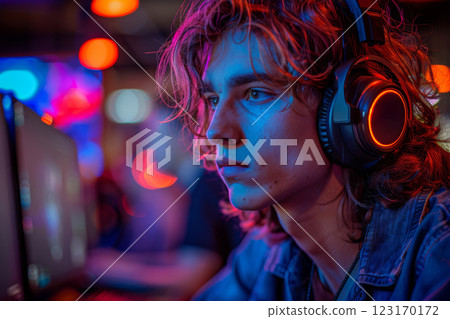 Close-up of a gamer in headphones intensely focused on a multiplayer battle on his gaming PC, immersive atmosphere of competitive gaming with neon lights Close-up of a gamer in headphones intensely focused on a multiplayer battle on his gaming PC, immersive atmosphere of competitive gaming with neon lights 123170172