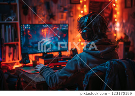 Young gamer in a chair, wearing headphones, focuses on a computer game, illuminated by the glow of the screen 123170199