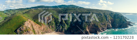 Panoramic view of Cabo da Roca. Rocky seascape. Assentiz Beach. Region of Cape Roca, Atlantic Ocean, Portugal. Horizontal banner Panoramic view of Cabo da Roca. Rocky seascape. Assentiz Beach. Region of Cape Roca, Atlantic Ocean, Portugal. Horizontal banner 123170228
