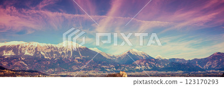 Panoramic view of a mountain ridge in Bled in early spring during sunrise. View from above. Slovenia, Europe 123170293