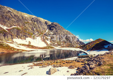Glacial mountain lake in summer. Natural park in the municipality of Sauda. Beautiful nature of Norway, Europe Glacial mountain lake in summer. Natural park in the municipality of Sauda. Beautiful nature of Norway, Europe 123170297