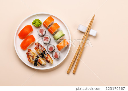 Assorted sushi and maki rolls beautifully arranged on plate 123170367