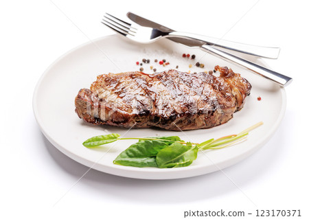 A perfectly cooked striploin steak with a juicy, tender texture 123170371