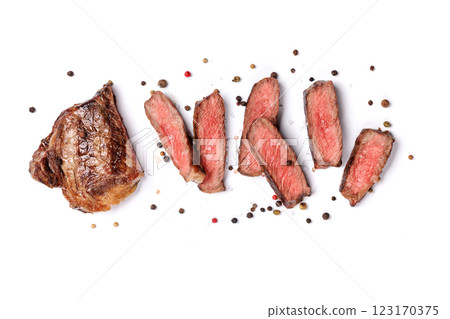 A perfectly cooked sliced striploin steak with a juicy, tender texture 123170375
