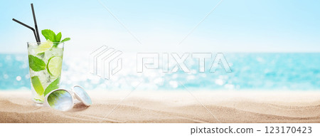 A refreshing mojito cocktail with fresh mint and lime, placed next to stylish sunglasses on beach A refreshing mojito cocktail with fresh mint and lime, placed next to stylish sunglasses on beach 123170423