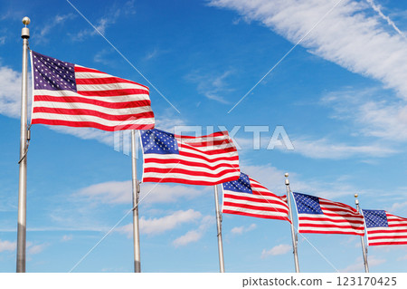 Rows of American flags waving against a sunny sky 123170425