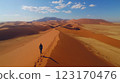 Generative AI illustration of a man walking on path in sand dunes 123170476