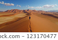 Generative AI illustration of a man walking on path in sand dunes 123170477