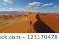 Generative AI illustration of a man walking on path in sand dunes 123170478