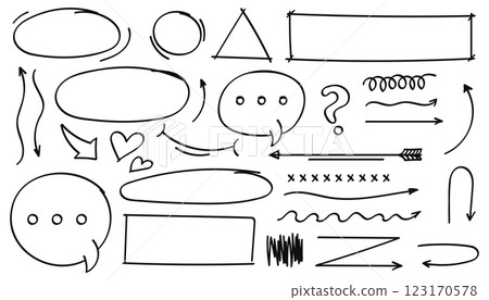 Hand drawn marker pen strokes doodle design elements, black on white isolated background. 123170578