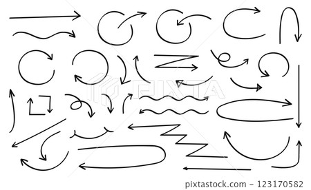 Hand drawn doodle style collection of arrows, circle and wavy collections Hand drawn doodle style collection of arrows, circle and wavy collections 123170582