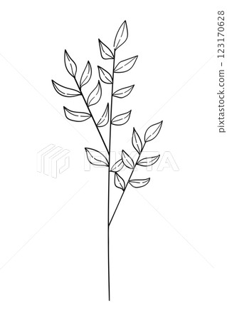 Tree branch with flowers and leaves isolated on white background. Hand-drawn vector illustration in doodle style. 123170628