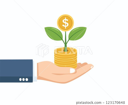 Concept of money with plant growing from coins in hand. Financial and save money concept Concept of money with plant growing from coins in hand. Financial and save money concept 123170648