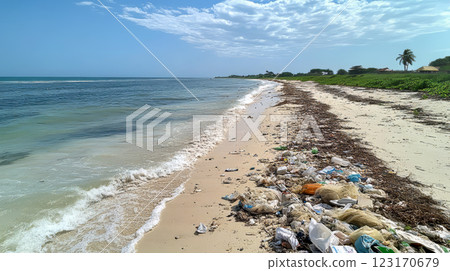 Plastic bottles, polyethylene bags and other rubbish on the seashore after storm. Garbage along the seashore against blue sea, sky and white clouds. 123170679