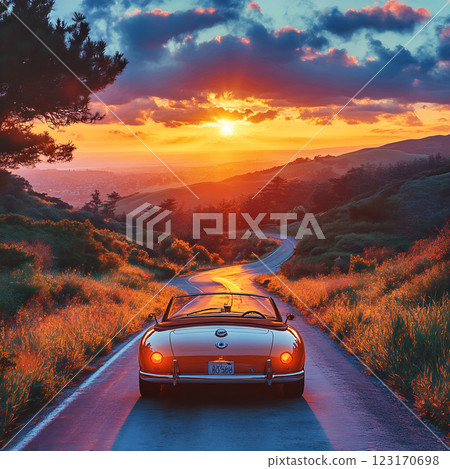 Classic Red Convertible on Route 66 123170698