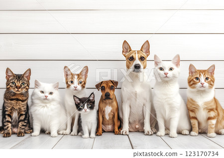Cute Pets Sitting Together on a White Background for a Banner Design Concept 123170734