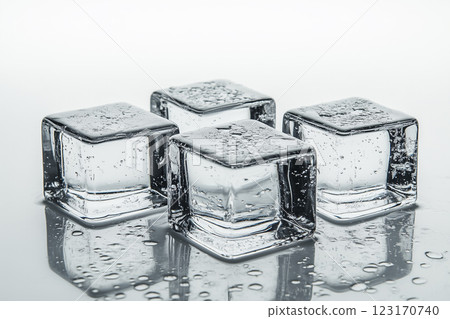 Close-Up View of Transparent Ice Cubes with Bubbles on Clean White Background 123170740