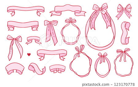 Set of pink coquette Frames, Ribbons, Bows for romantic invitation card, poster, social media design. Contour hand drawn vector illustration. 123170778