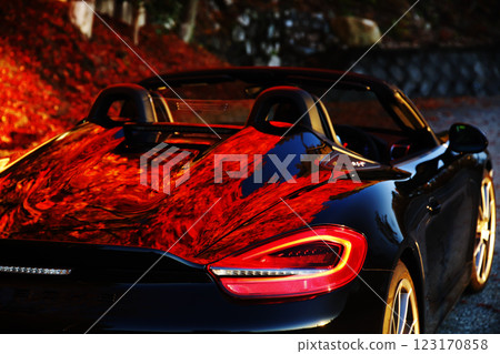一輛黑色敞篷車,車身上倒映著秋葉 一輛黑色敞篷車,車身上倒映著秋葉 123170858