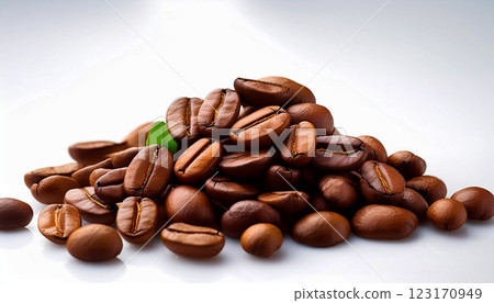 roasted coffee beans scattered on a clean white background. The rich brown tones and detailed texture highlight the freshness and quality of the beans, cafe branding, organic coffee roasted coffee beans scattered on a clean white background. The rich brown tones and detailed texture highlight the freshness and quality of the beans, cafe branding, organic coffee 123170949