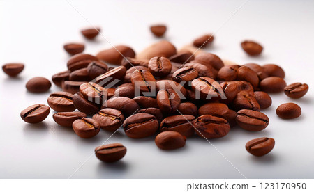 roasted coffee beans scattered on a clean white background. The rich brown tones and detailed texture highlight the freshness and quality of the beans, cafe branding, organic coffee 123170950