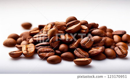 roasted coffee beans scattered on a clean white background. The rich brown tones and detailed texture highlight the freshness and quality of the beans, cafe branding, organic coffee 123170951