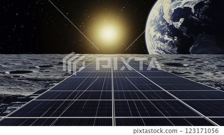 Imagine a futuristic lunar landscape with solar panels, the sun and Earth visible in the background Imagine a futuristic lunar landscape with solar panels, the sun and Earth visible in the background 123171056