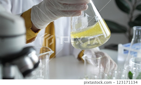 Unknown scientist wearing white protective gloves is carefully shaking up a yellow chemical solution inside an Erlenmeyer flask in a laboratory, close up. Science and medicine 123171134