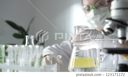 Woman scientist researcher wearing white protective gloves is shaking up a yellow chemical solution inside an Erlenmeyer flask in a laboratory setting, portrait view. Science and medicine Woman scientist researcher wearing white protective gloves is shaking up a yellow chemical solution inside an Erlenmeyer flask in a laboratory setting, portrait view. Science and medicine 123171172